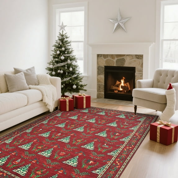 6x9 Christmas Rugs for Living Room Washable Non-Slip Christmas Print Area Rug with Coquette Bow Pattern for Bedroom, Low-Pile Stain Resistan Holiday Carpet for Dining Room Office