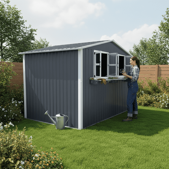6x9 FT Outdoor Metal Storage Shed with Window & Flower Rack, Lockable Double Doors Tool Shed, Waterproof Weatherproof Garden Shed for Backyard Patio, Coal Gray