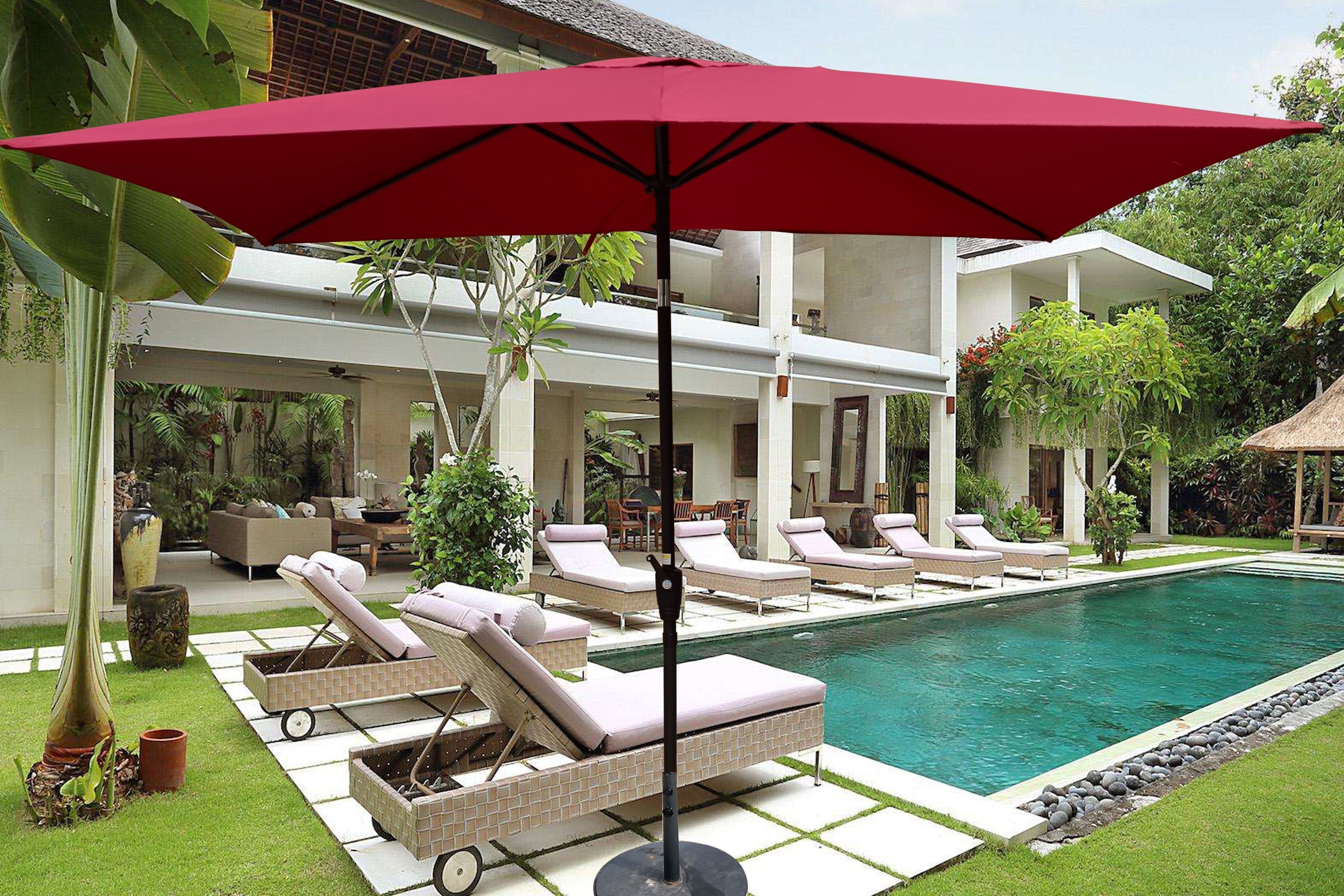 6x9 FT Outdoor Patio Sun Umbrella, Adjustable Tilt Waterproof Yard Shade Umbrella with Crank Design, Burgundy