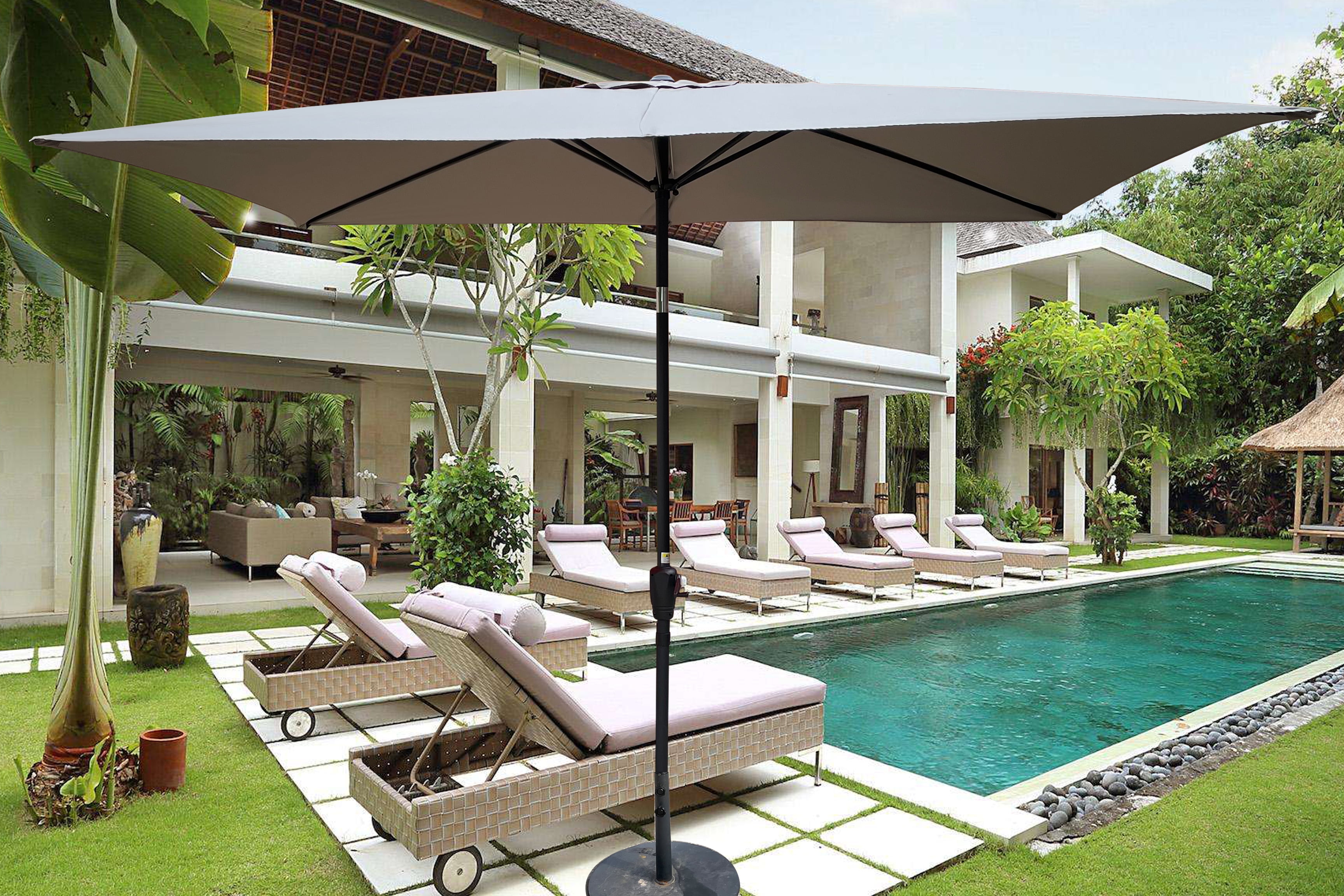 6x9 FT Outdoor Patio Sun Umbrella, Adjustable Tilt Waterproof Yard Shade Umbrella with Crank Design, Medium Grey