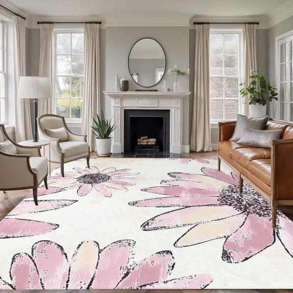 6x9 Floral Field Large Area Rug for Living Room, Washable Non Slip Low Pile Soft Large Rug for Bedroom Dining Room, Pink Flower Open Floor Rug