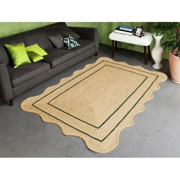 6x9 Ft Green Border Premium Scalloped Jute Rug, Handcrafted Natural Braided Carpet for Living Room, Bedroom, Entryway, Hallway etc.