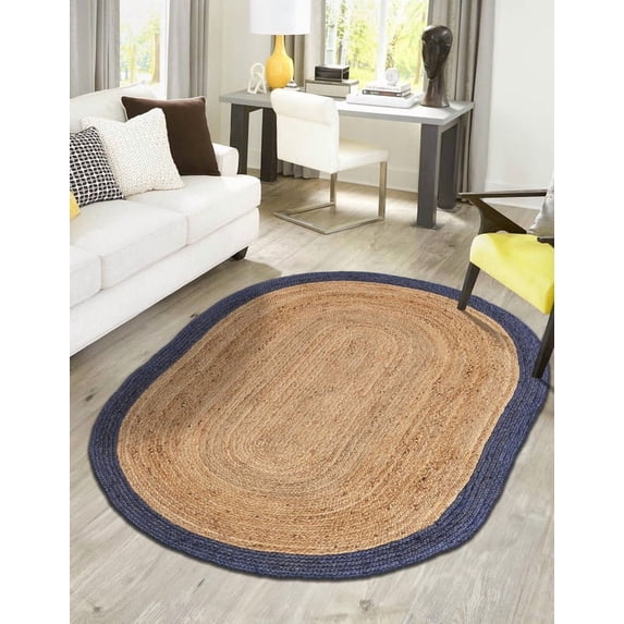 6x9 Ft Oval Navy Blue & Natural Jute Area Rug, Hand-Woven, Farmhouse Boho Style, Durable & Pet-Friendly Rug for Living Room, Dining Room, and Bedroom
