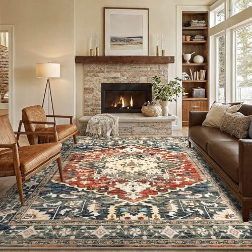 6x9 Large Area Rug, Non-Slip Washable Boho Vintage Living Room Rug with Rubber Backing, Low Pile Faux Wool Soft Distressed Rug Floor Carpet for Dinning Room, Bedroom, Brick Red