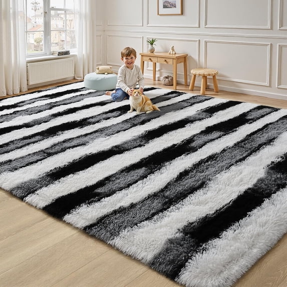 6x9 Large Fluffy Shag Area Rug, Black and White Striped Rugs for Living Room, Modern Indoor Non Slip Washable Carpet, Furry Throw Carpets for Bedroom Home Decor