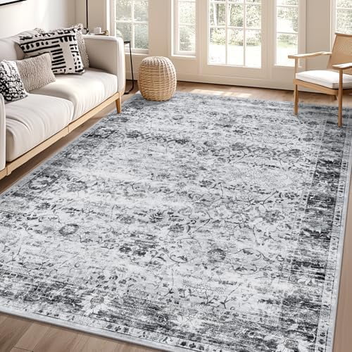 6x9 Large Washable Area Rug, Non-Slip Soft Distressed Living Room Rug with Rubber Backing, Low Pile Faux Wool Vintage Thin Rug Floor Carpet for Dinning Room, Bedroom, Black/Grey