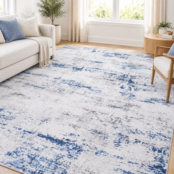 Washable Abstract Shape Rug 6x9 Large Washable Area Rug for Living Room, Abstract Pattern in White ...
