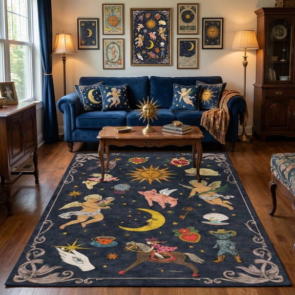 6x9 Sun and Moon Celestial Cottagecore Area Rug, Vintage Boho Washable Low Pile Non-Slip Tapestry Rug for Living Room Bedroom, Navy Blue