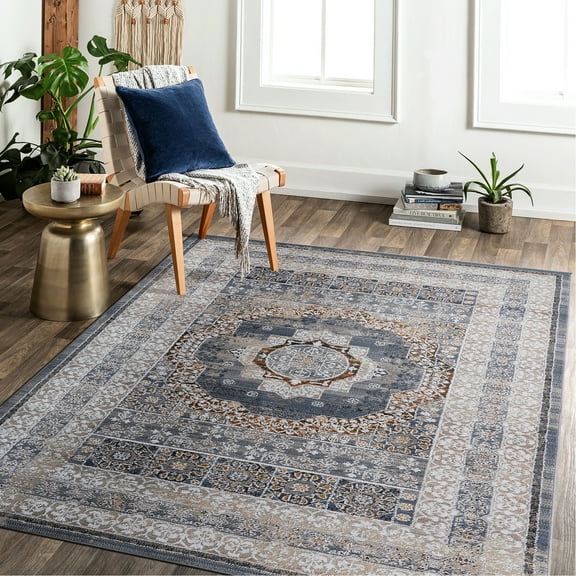 6x9 Loom & Area Rug, Blue/ Medallion Style, Non-shedding, Stain , Suits Eat-in Kitchen And Entryway Look, Great For Nursery