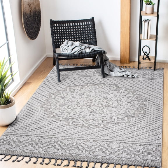 6x9 Loom & Area Rug Gray/white Medallion - Stain , Non-shedding, For Eat-in Kitchen Cleanliness , Non-shedding Nursery