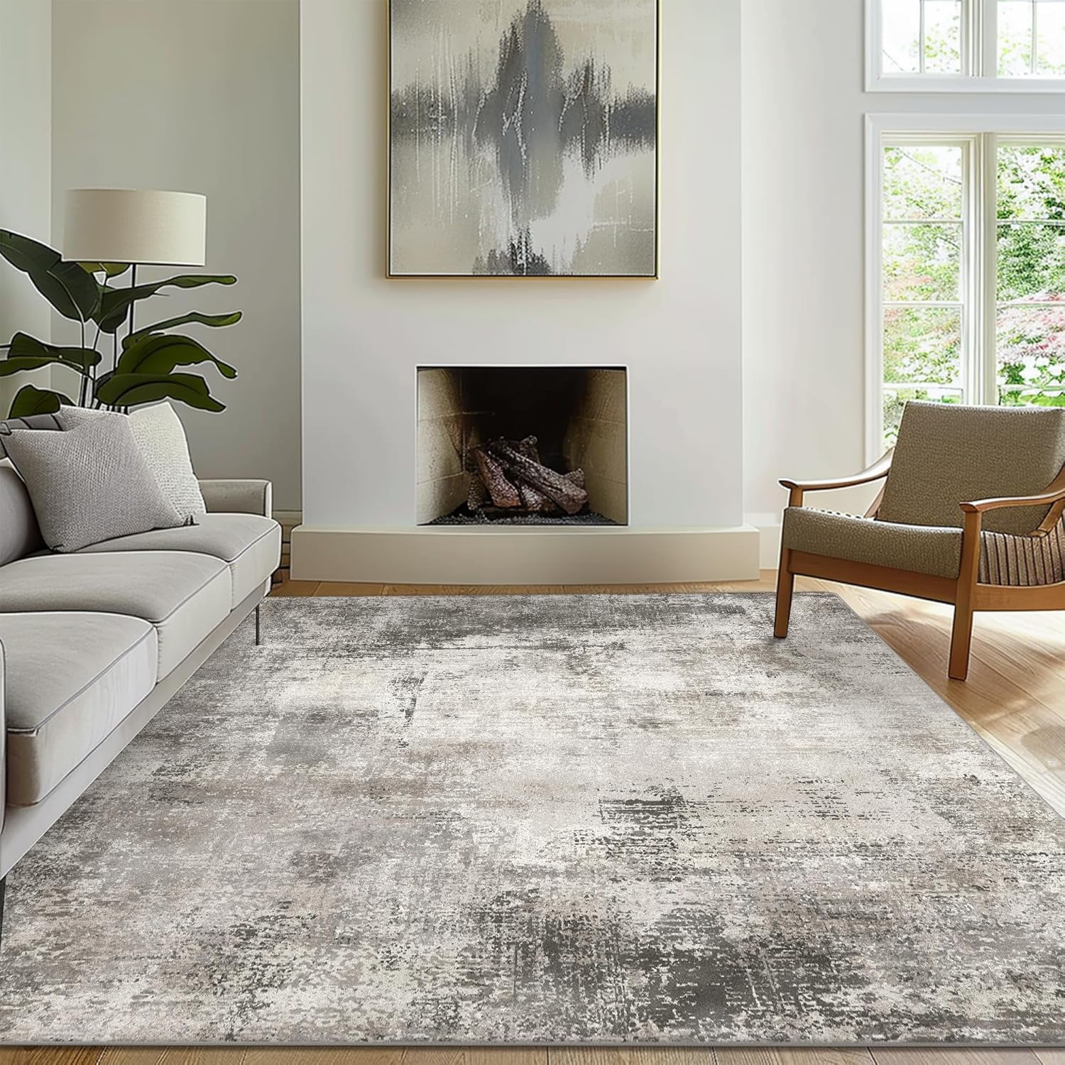 Gray Geometric Synthetic Rectangular 6' x 9' Washable Area Rug