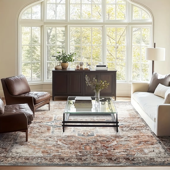 Retro Low Profile Area Rug, 6x9, Machine Washable Non-Skid Fade Proof Anti-Shedding Indoor