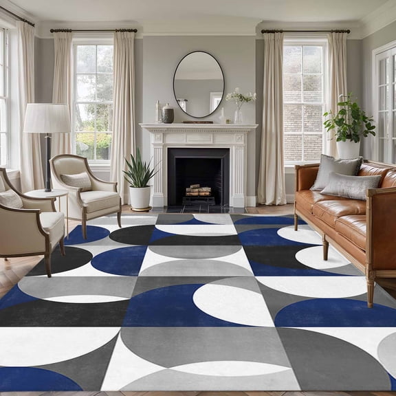 6x9 Modern Blue Gray Geometric Large Area Rug for Living Room, Washable Non Slip Low Pile Soft Large Rug for Bedroom Dining Room, Abstract Mid Century Open Floor Rug