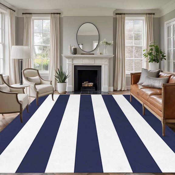 6x9 Nautical Stripe Large Area Rug for Living Room, Washable Non Slip Low Pile Soft Large Rug for Bedroom Dining Room, Navy Blue Striped Open Floor Rug