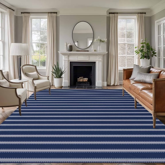 6x9 Navy Blue Stripe Large Area Rug for Living Room, Washable Non Slip Low Pile Soft Large Rug for Bedroom Dining Room, Vertical Striped Open Floor Rug