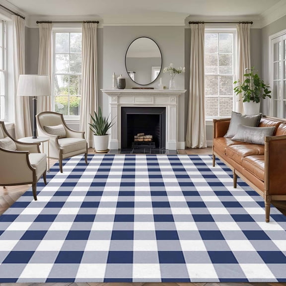 6x9 Navy Plaid Large Area Rug for Living Room, Washable Non Slip Low Pile Soft Large Rug for Bedroom Dining Room, Buffalo Check Geometric Checker Pattern Open Floor Rug