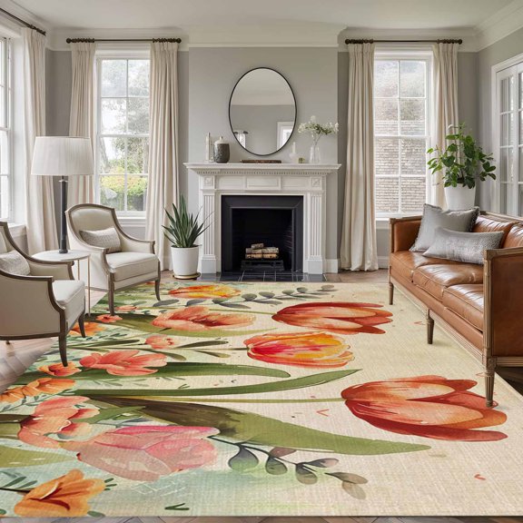6x9 Orange Tulip Flower Floral Large Area Rug for Living Room, Washable Non Slip Low Pile Soft Large Rug for Bedroom Dining Room, Leaves Branch Plant Open Floor Rug