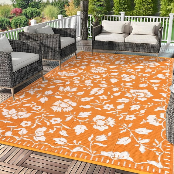 6x9 Orange&White Outdoor Rug Waterproof Reversible, Floral Plastic Straw Patio Rug, Foldable Outdoor Area Rug for RV Camping, Picnic, Beach, Balcony, Deck & Garden 6x9 Orange&White