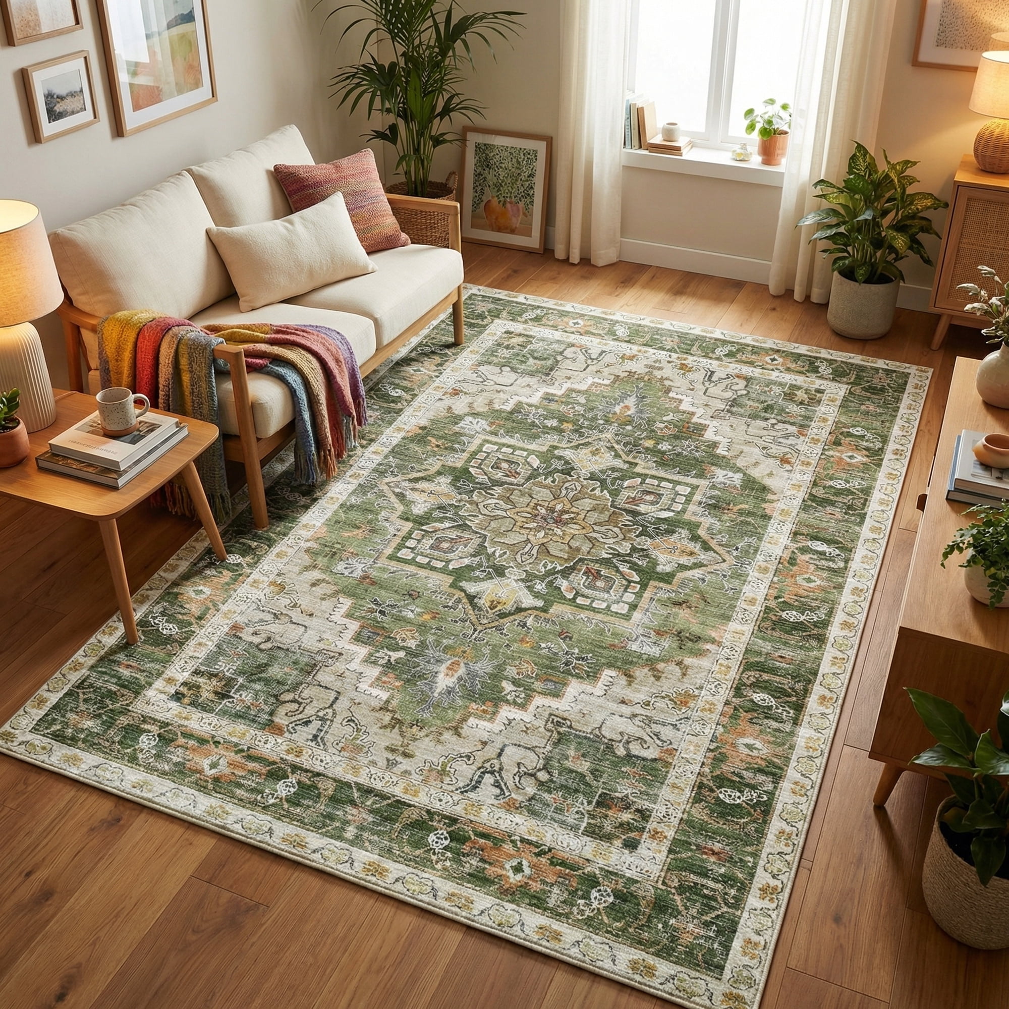 Kokia 6x9 Oriental Area Rug Living Room Washable Non Slip Boho Soft Rugs Bedroom Dining Room Decor-Green