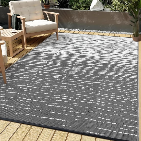 6x9 Outdoor Rug Modern Striped Waterproof and UV Resistant for Backyard Deck Grey