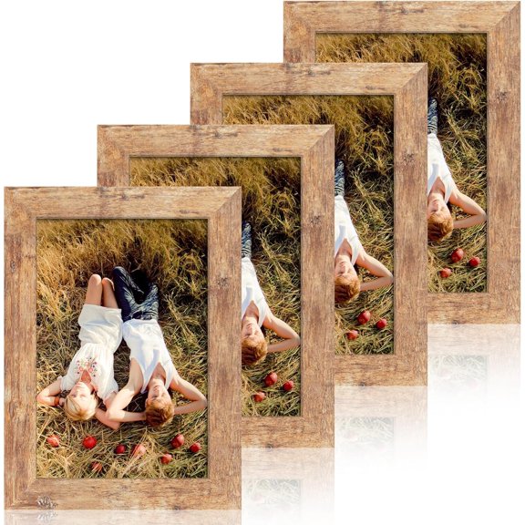 6x9 Picture Frame Set of 4, High Definition Real Glass Rustic Brown Frame, 6 x 9 Wood Photo Frames for Tabletop Display and Wall Mounting