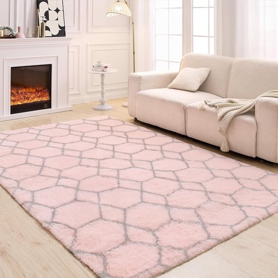 6x9 Pink Area Rugs for Living Room Bedroom, Washable Large Fluffy Throw Rug, Geometric Soft Plush Shaggy Floor Carpet for Nursery Kids Girls Boys Teen Dorm Home Decor Aesthetic, Pink/Grey