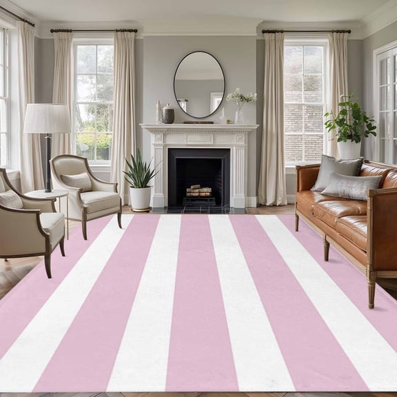 6x9 Pink Stripes Large Area Rug for Living Room, Washable Non Slip Low Pile Soft Large Rug for Bedroom Dining Room, Modern Striped Open Floor Rug