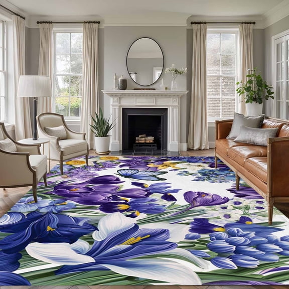 6x9 Purple Blue Flowers Butterfly Large Area Rug for Living Room, Washable Non Slip Low Pile Soft Large Rug for Bedroom Dining Room, Watercolor Floral White Open Floor Rug