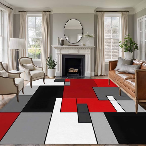 6x9 Red Black Gray Large Area Rug for Living Room, Washable Non Slip Low Pile Soft Large Rug for Bedroom Dining Room, Abstract Art Open Floor Rug