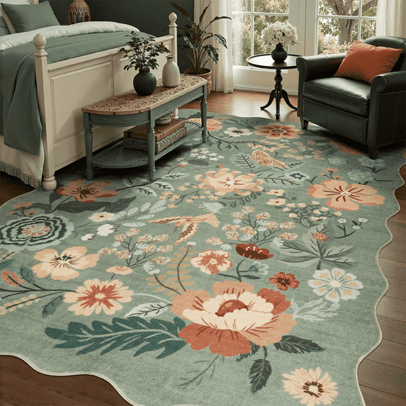 6x9 Rug, Non-Slip, Stain-Resistant Low-Pile Machine Washable Rug for Living Room, office, Bedroom, Soft Low Pile Large Carpet -Green