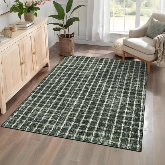 6x9 Runner Rug Washable Non Slip Kitchen Rugs Geometric Checkered Print Modern Throw Carpet for Home Office, Green