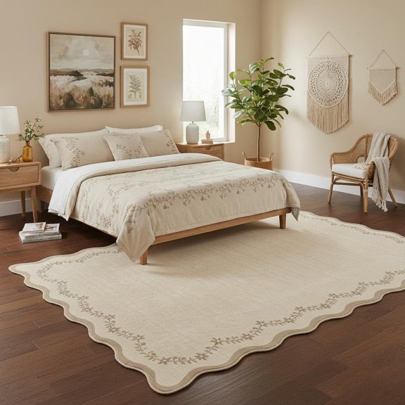 6x9 Scalloped Area Rug Brown Washable Rugs for Living Room Bedroom, Soft Low Pile Non Slip Accent Floor Mat Solid Floral Print Throw Rug Farmhouse Indoor Carpet for Dorm Playroom