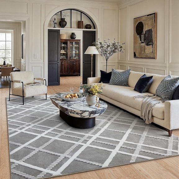 6x9 Shag Grey Modern Rug, Neutral Medium Plush Pile Super Soft Indoor Fuzzy Non-Slip Carpet