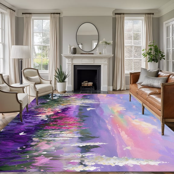 6x9 Spring Oil Painting Large Area Rug for Living Room, Washable Non Slip Low Pile Soft Large Rug for Bedroom Dining Room, Lavender Rainbow Butterfly Open Floor Rug