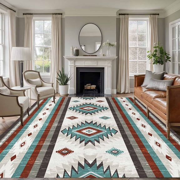 6x9 Teal Boho Aztec Large Area Rug for Living Room, Washable Non Slip Low Pile Soft Large Rug for Bedroom Dining Room, Southwest Tribal Geometric Open Floor Rug