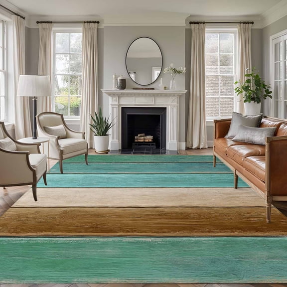 6x9 Turquoise Wood Grain Large Area Rug for Living Room, Washable Non Slip Low Pile Soft Large Rug for Bedroom Dining Room, Brown Wooden Plank Open Floor Rug