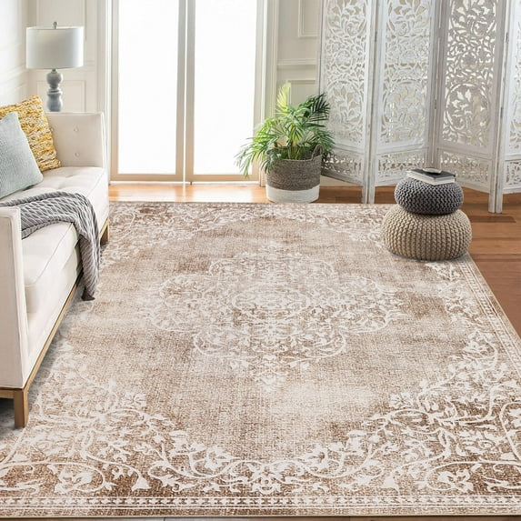 6x9 Vintage Area Rug Washable Living Room Carpet Non Slip Bedroom Indoor Office Low Pile Traditional Distressed Retro Accent Rug Beige