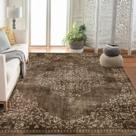 6x9 Vintage Area Rug Washable Living Room Carpet Non Slip Bedroom Indoor Office Low Pile Traditional Distressed Retro Accent Rug Brown