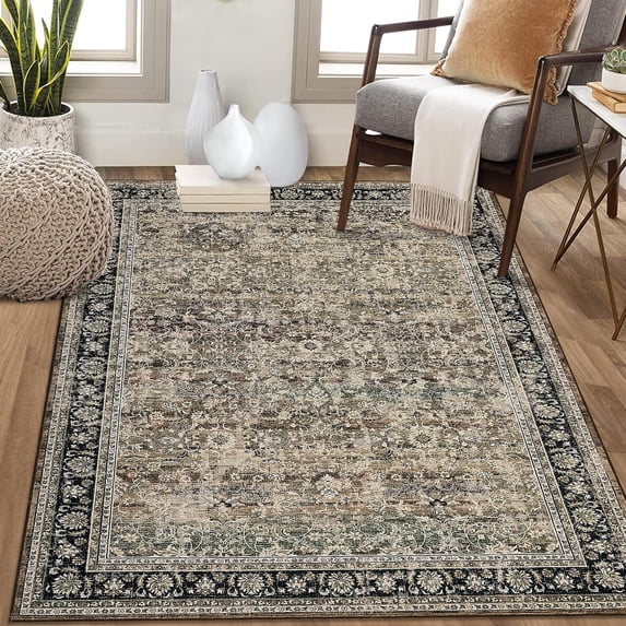 6x9 Vintage Floral Area Rug, Brown, Washable, Non-Slip Backing, Low Pile, Soft, Indoor, Oriental, Distressed, Throw Carpet, Nursery, Dining.