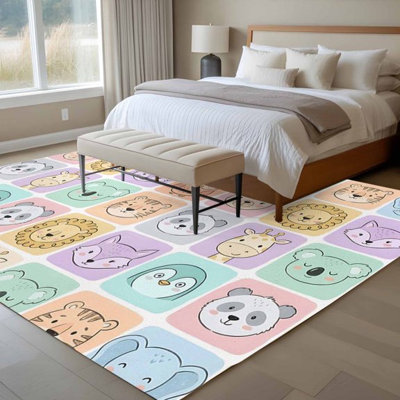 6x9 Washable Area Rug, Cartoon Animals Non-Slip Large Rectangle Rug for Living Room Dining Room, Tiger Koalas Elephant Lion Foxes Color Plaid Indoor Floor Mat for Home Decor