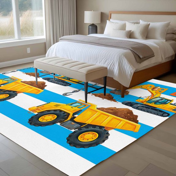 6x9 Washable Area Rug, Cartoon Engineering Non-Slip Large Rectangle Rug for Living Room Dining Room, Dig Hooks Carload Excavator Blue Stripes Indoor Floor Mat for Home Decor