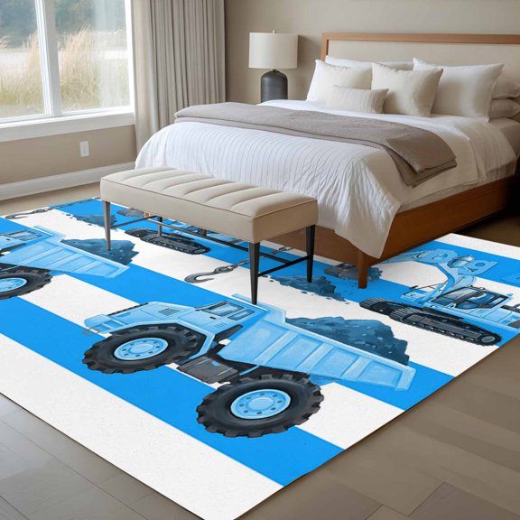 6x9 Washable Area Rug, Cartoon Engineering Non-Slip Large Rectangle Rug for Living Room Dining Room, Dig Hooks Carloading Excavator Blue Stripes Indoor Floor Mat for Home Decor