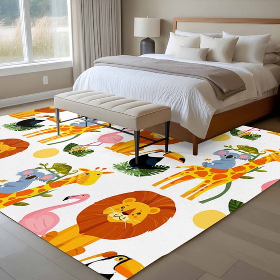 6x9 Washable Area Rug, Cartoon Lion Giraffe Koala Bird Non-Slip Large Rectangle Rug for Living Room Dining Room, Funny Cute Animal Leaf Indoor Floor Mat for Home Decor