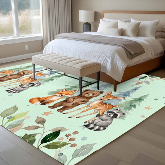 6x9 Washable Area Rug, Children's Day Non-Slip Large Rectangle Rug for Living Room Dining Room, Cartoon Animal Elephant Zebras Fox Giraffe Leaf Tree Green Indoor Floor Mat for Home Decor