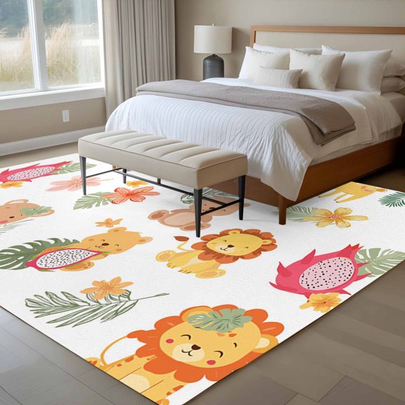 6x9 Washable Area Rug, Cute Animals Non-Slip Large Rectangle Rug for Living Room Dining Room, Lovely Cartoon Lion Camel Cat Bear Monkey Leaf Flower Indoor Floor Mat for Home Decor