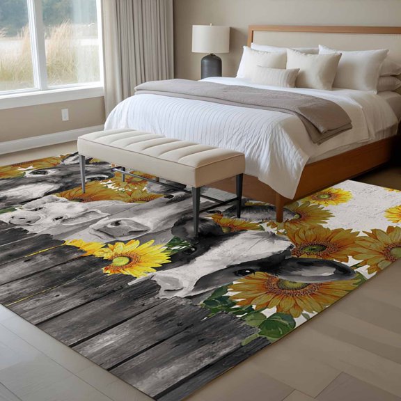 6x9 Washable Area Rug, Farm Non-Slip Large Rectangle Rug for Living Room Dining Room, Retro Farmhouse Donkey Pig Cow Sunflower Leaf Wood Fence Indoor Floor Mat for Home Decor