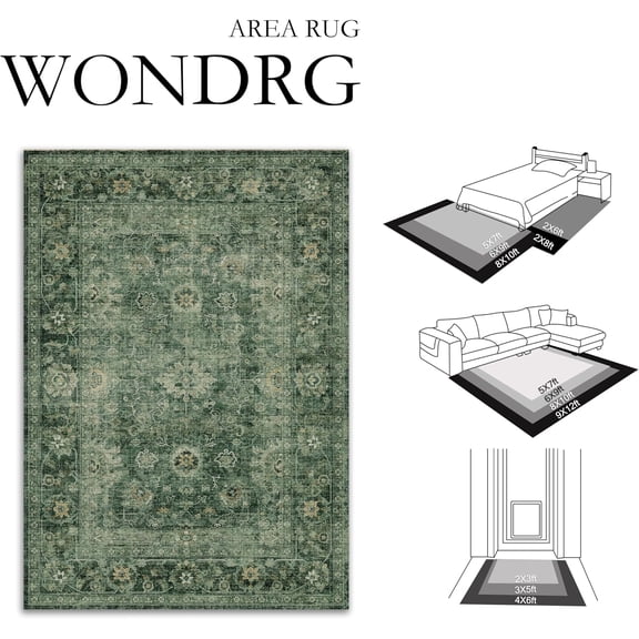 6x9 Washable Area Rug - Green Vintage Distressed Rustic Carpet