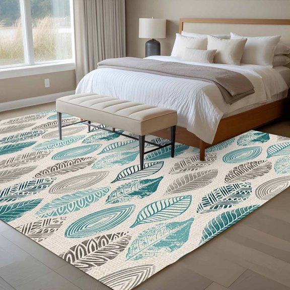 6x9 Washable Area Rug, Leaves Specimens Non-Slip Large Rectangle Rug for Living Room Dining Room, Teal Green Grey Burlap Background Indoor Floor Mat for Home Decor