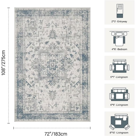 6x9 Washable Area Rug for Living Room, Neutral Vintage Large Boho Rugs for Office, Dining Room, Kids Room, Farmhouse, Low Pile Non Slip Carpet for High Traffic Areas, Light Blue Grey