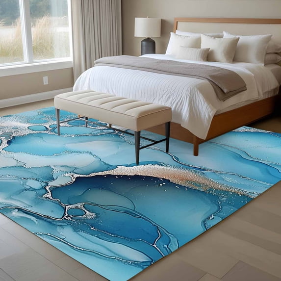6x9 Washable Area Rug, Marble Non-Slip Large Rectangle Rug for Living Room Dining Room, Abstract Art Blue Gradient Cave Rock Silver Lines Indoor Floor Mat for Home Decor